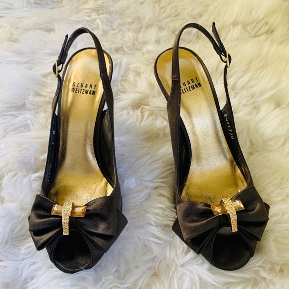 Stuart Weitzman Shoes - STUART WEITZMAN Brown Satin Jumbo Jewel Bow Heels